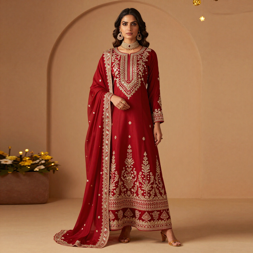 Ruby red embroidered suit set from the collection